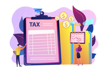 Wall Mural - Businessman and accountant filling financial document form on clipboard and payment date. Tax form, income tax return, company tax payment concept. Bright vibrant violet vector isolated illustration