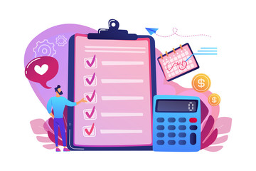 Poster - Financial analyst planning at checklist on clipboard, calculator and calendar. Budget planning, balanced budget, company budget management concept. Bright vibrant violet vector isolated illustration