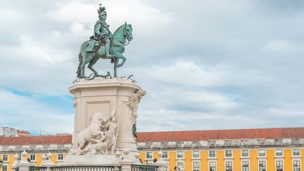 Wall Mural - Bronze statue of King Jose I at Commerce square timelapse in Lisbon, Portugal.