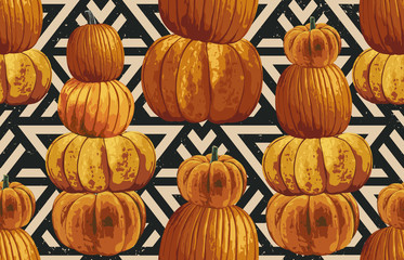 Wall Mural - Printable seamless vintage autumn repeat pattern background with pumpkins. Botanical wallpaper, raster illustration in super High resolution.