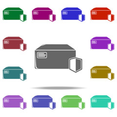 Poster - box with shield icon. Elements of Logistic in multi color style icons. Simple icon for websites, web design, mobile app, info graphics