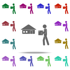 Poster - the postman delivers the parcel home icon. Elements of Logistic in multi color style icons. Simple icon for websites, web design, mobile app, info graphics