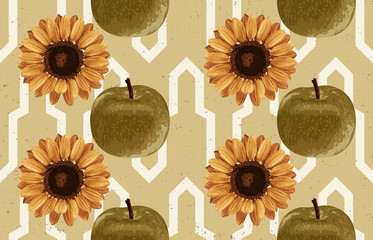 Wall Mural - Printable seamless vintage autumn repeat pattern background with green apples and sunflowers. Botanical wallpaper, raster illustration in super High resolution.