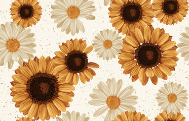 Wall Mural - Printable seamless vintage autumn repeat pattern background with daisies and sunflowers. Botanical wallpaper, raster illustration in super High resolution.