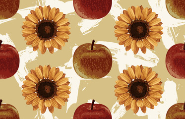 Wall Mural - Printable seamless vintage autumn repeat pattern background with red apples and sunflowers. Botanical wallpaper, raster illustration in super High resolution.