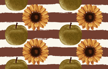 Wall Mural - Printable seamless vintage autumn repeat pattern background with green apples and sunflowers. Botanical wallpaper, raster illustration in super High resolution.