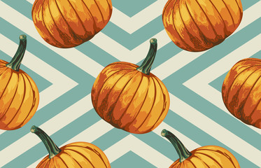 Wall Mural - Printable seamless vintage autumn repeat pattern background with pumpkins. Botanical wallpaper, raster illustration in super High resolution.