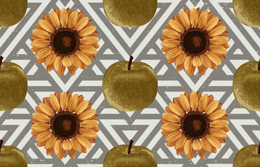 Wall Mural - Printable seamless vintage autumn repeat pattern background with green apples and sunflowers. Botanical wallpaper, raster illustration in super High resolution.