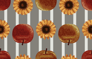 Wall Mural - Printable seamless vintage autumn repeat pattern background with red apples and sunflowers. Botanical wallpaper, raster illustration in super High resolution.