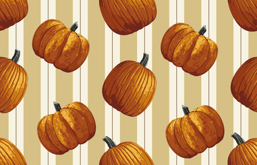 Wall Mural - Printable seamless vintage autumn repeat pattern background with pumpkins. Botanical wallpaper, raster illustration in super High resolution.