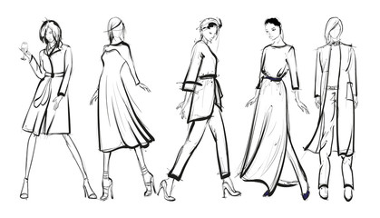 Sketch. Fashion Girls on a white background. Vector illustration