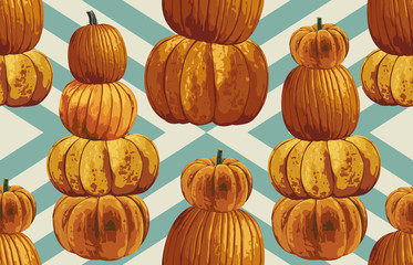 Wall Mural - Printable seamless vintage autumn repeat pattern background with pumpkins. Botanical wallpaper, raster illustration in super High resolution.