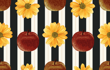 Wall Mural - Printable seamless vintage autumn repeat pattern background with red apples and chrysanthemum flowers. Botanical wallpaper, raster illustration in super High resolution.