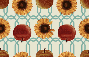 Wall Mural - Printable seamless vintage autumn repeat pattern background with red apples and sunflowers. Botanical wallpaper, raster illustration in super High resolution.
