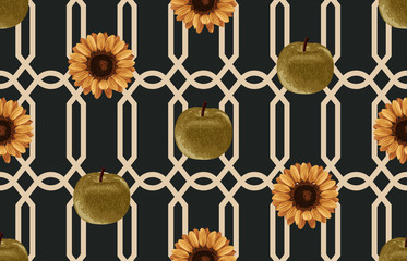 Wall Mural - Printable seamless vintage autumn repeat pattern background with green apples and sunflowers. Botanical wallpaper, raster illustration in super High resolution.