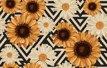 Printable Seamless Vintage Autumn Repeat Pattern Background With Daisies And Sunflowers. Botanical Wallpaper, Raster Illustration In Super High Resolution.