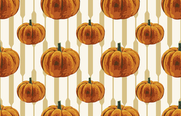 Wall Mural - Printable seamless vintage autumn repeat pattern background with pumpkins. Botanical wallpaper, raster illustration in super High resolution.