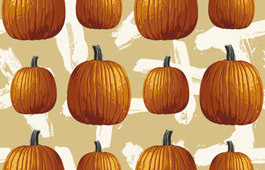 Wall Mural - Printable seamless vintage autumn repeat pattern background with pumpkins. Botanical wallpaper, raster illustration in super High resolution.