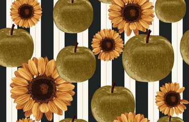 Wall Mural - Printable seamless vintage autumn repeat pattern background with green apples and sunflowers. Botanical wallpaper, raster illustration in super High resolution.