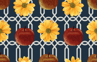 Wall Mural - Printable seamless vintage autumn repeat pattern background with red apples and chrysanthemum flowers. Botanical wallpaper, raster illustration in super High resolution.