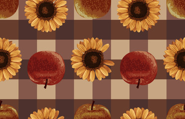 Wall Mural - Printable seamless vintage autumn repeat pattern background with red apples and sunflowers. Botanical wallpaper, raster illustration in super High resolution.