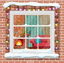 Christmas Window In Brick Wall.