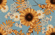 Printable Seamless Vintage Autumn Repeat Pattern Background With Sunflowers. Botanical Wallpaper, Raster Illustration In Super High Resolution.