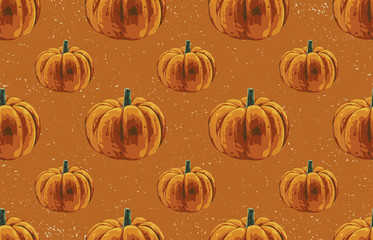 Wall Mural - Printable seamless vintage autumn repeat pattern background with pumpkins. Botanical wallpaper, raster illustration in super High resolution.