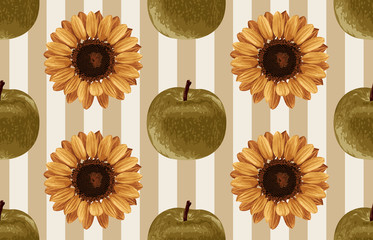 Wall Mural - Printable seamless vintage autumn repeat pattern background with green apples and sunflowers. Botanical wallpaper, raster illustration in super High resolution.