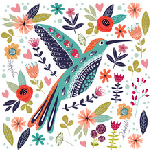 Art Vector Colorful Illustration With Beautiful Abstract Folk Bird And Flowers.