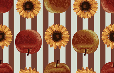 Wall Mural - Printable seamless vintage autumn repeat pattern background with red apples and sunflowers. Botanical wallpaper, raster illustration in super High resolution.