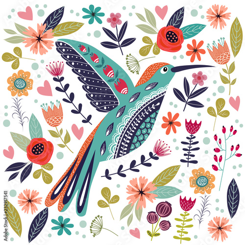 art-vector-colorful-illustration-with-beautiful-abstract-folk-bird-and-flowers