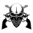 Vector black and white image of a skull in a bandana with revolvers.