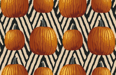 Wall Mural - Printable seamless vintage autumn repeat pattern background with pumpkins. Botanical wallpaper, raster illustration in super High resolution.