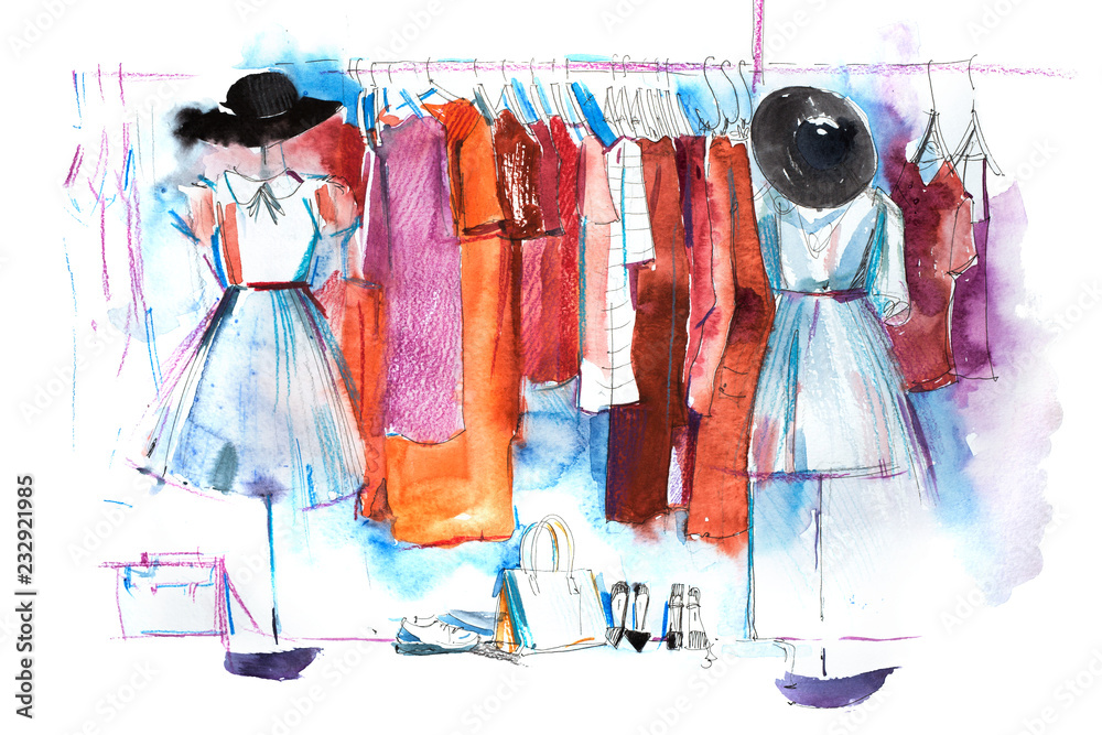 Shopping mall store clothes exhibition clothing display garment rack watercolor - obrazy, fototapety, plakaty 