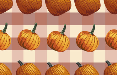 Wall Mural - Printable seamless vintage autumn repeat pattern background with pumpkins. Botanical wallpaper, raster illustration in super High resolution.