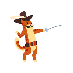 Wall Mural - Musketeer cat character fighting with sword vector Illustration on a white background