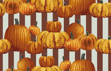 Wall Mural - Printable seamless vintage autumn repeat pattern background with pumpkins. Botanical wallpaper, raster illustration in super High resolution.