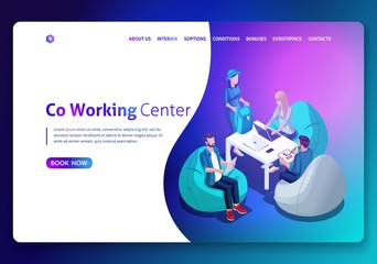 Poster - website template design. isometric concept open workspace and coworking. landing page concept.3d iso