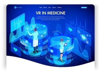 Poster - website template design. isometric concept augmented reality for medicine, doctors work on virtual s