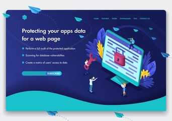 Poster - business website template design. isometric concept of the work of people over the protection of com