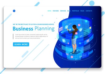 Poster - business website template design. isometric concept businessmen work, augmented reality, time manage