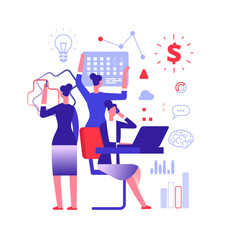 Wall Mural - Multitasking concept. Businesswoman solving urgent tasks. Project management, achievement and work skill vector illustration. Business woman multitasking, businesswoman work