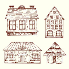 Poster - Different style hand drawn houses vector set. House with roof and window, architecture building home illustration