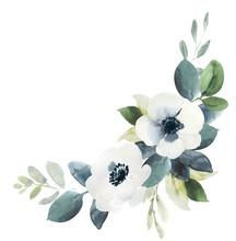 Watercolor Wedding Floral Bouquet Composition With Black And White Hellebore And Eucalyptus