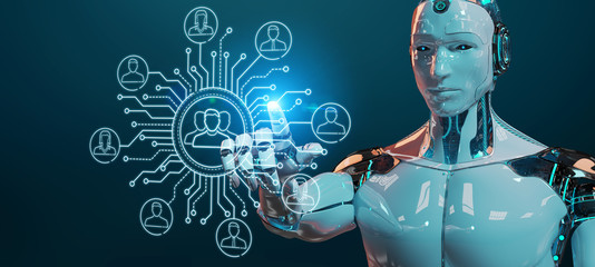 Poster - white robot controlling social network icons interface