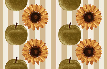 Wall Mural - Printable seamless vintage autumn repeat pattern background with green apples and sunflowers. Botanical wallpaper, raster illustration in super High resolution.