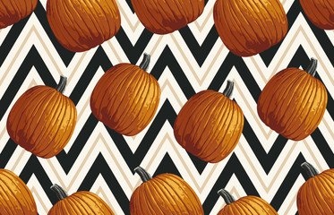 Wall Mural - Printable seamless vintage autumn repeat pattern background with pumpkins. Botanical wallpaper, raster illustration in super High resolution.