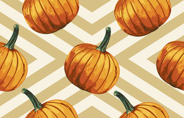 Wall Mural - Printable seamless vintage autumn repeat pattern background with pumpkins. Botanical wallpaper, raster illustration in super High resolution.