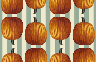 Wall Mural - Printable seamless vintage autumn repeat pattern background with pumpkins. Botanical wallpaper, raster illustration in super High resolution.